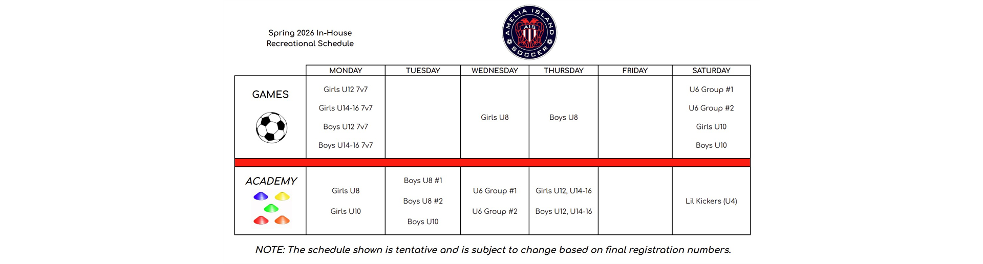 Spring 2026 Recreational Soccer Schedule