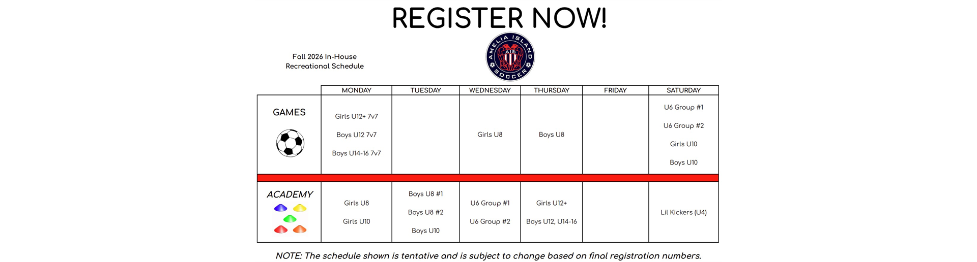 Fall 2026 Recreational Soccer Schedule