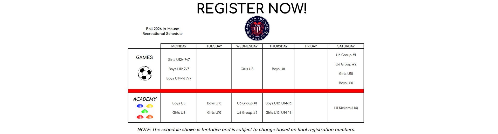 Fall 2026 Recreational Soccer Schedule